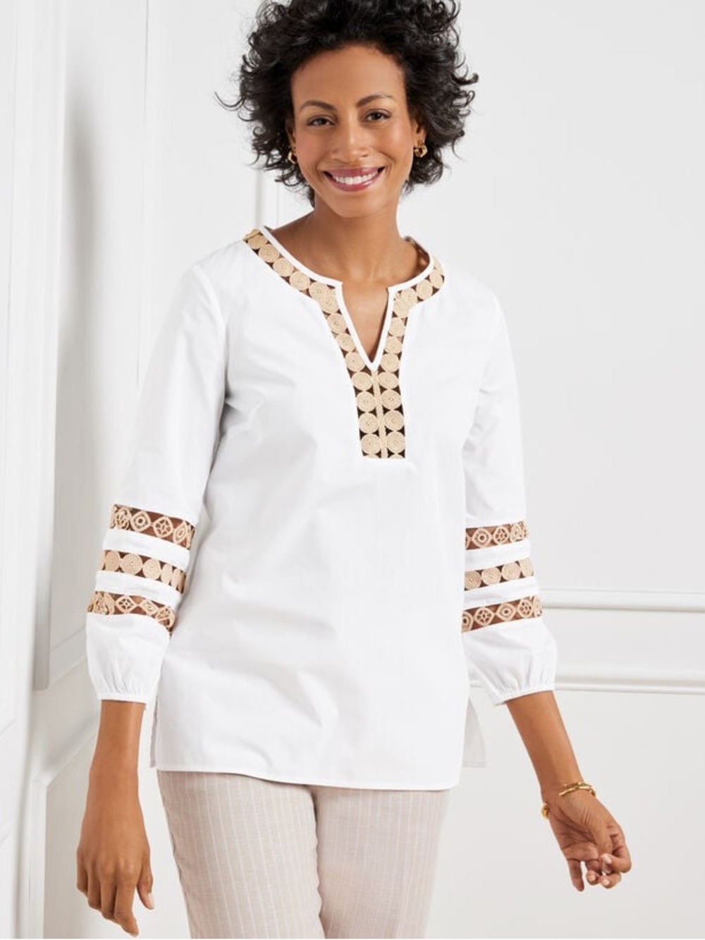 Talbots Small Petite LACE TRIM POPLIN TOP